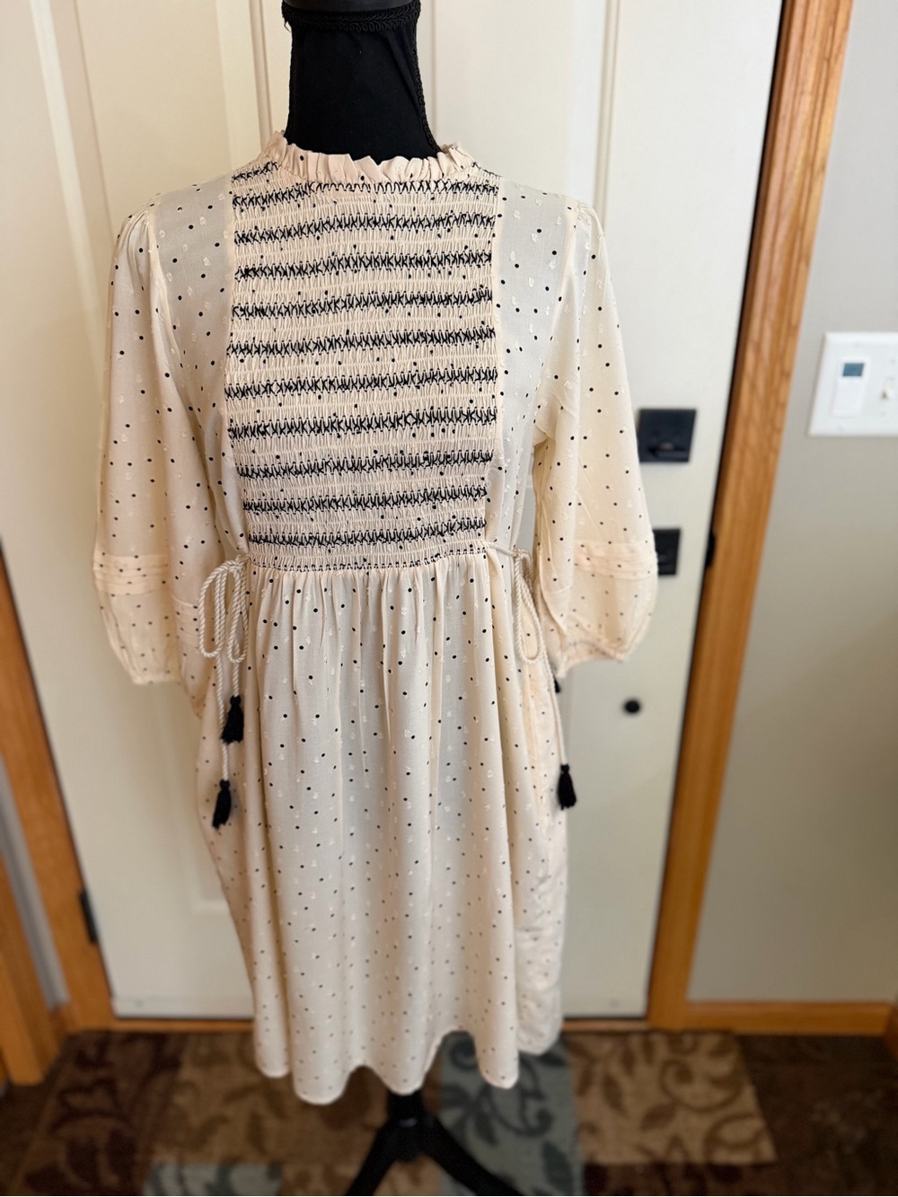 Cream high ruffle neck puff sleeve prairie textured polka dot dress size medium